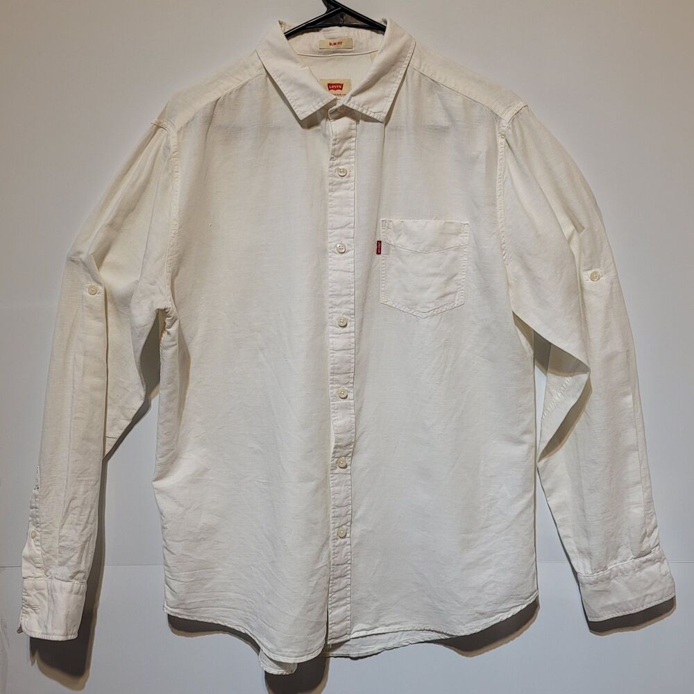 Levi's Mens Slim Fit Linen Cotton Blend Button Long Roll Tab Sleeve White Size L